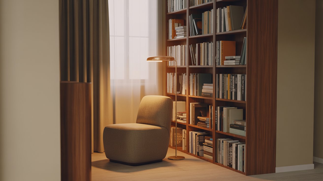 "Small cozy home library setup with organized bookshelf, comfortable reading chair, and warm modern interior lighting."