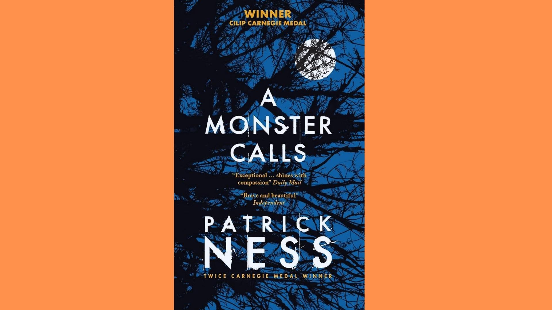 A Monster Calls by Patrick Ness cover with dark tree branches forming monster shape against blue.