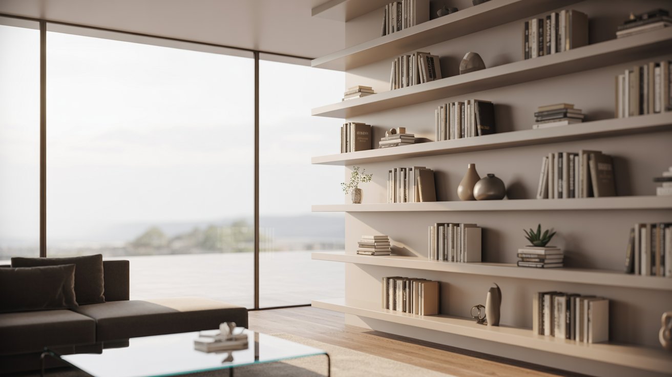 "Modern floating floor-to-ceiling bookshelves with hidden brackets in a clean minimalist living room interior."