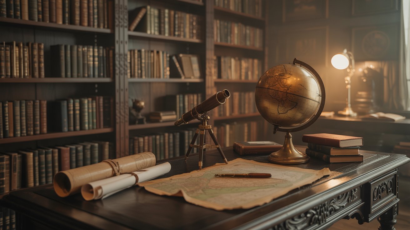 "Dark academia desk with antique globe, telescope, and vintage decor accents"