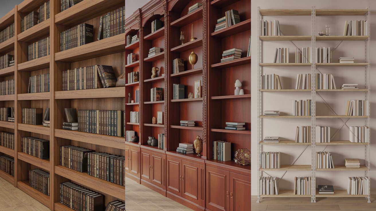 Bookshelf comparison showing strong hardwood decorative premium wood and budget pine birch shelves in home interior