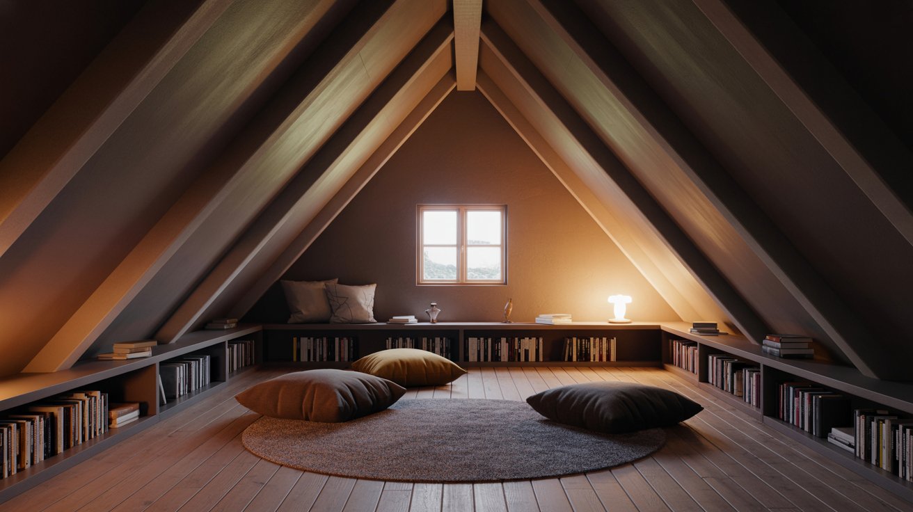 "Cozy attic reading corner with sloped ceiling, floor cushions, bookshelf, and warm lighting creating a quiet retreat."