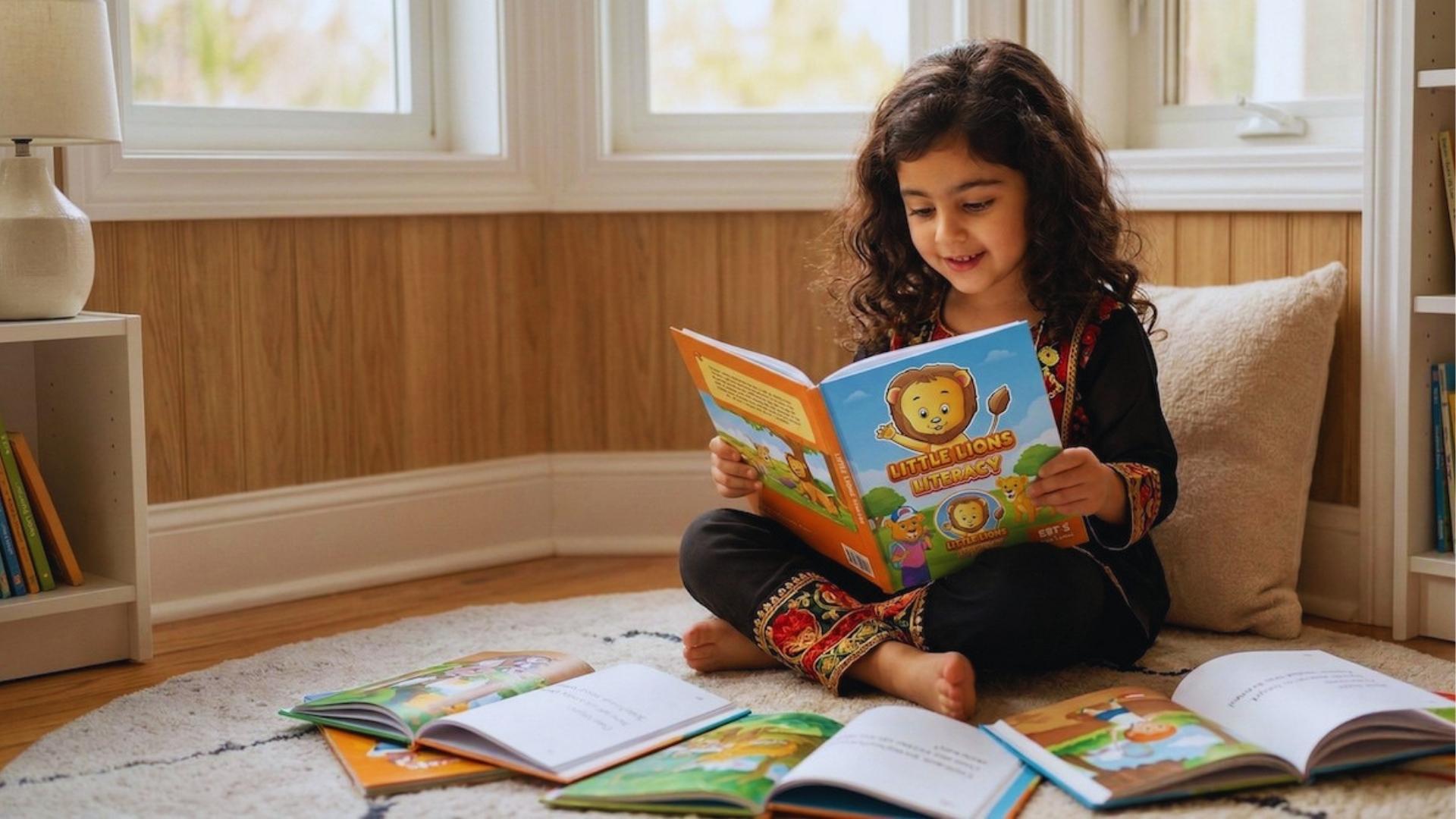 Smiling girl with curly brown hair sitting cross-legged on rug reading colorful "Little Lions Literacy" book surrounded by open picture books near the window.