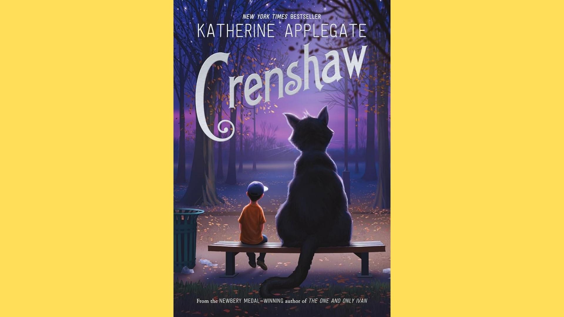Crenshaw by Katherine Applegate cover showing boy and giant black cat sitting on park bench at dusk.