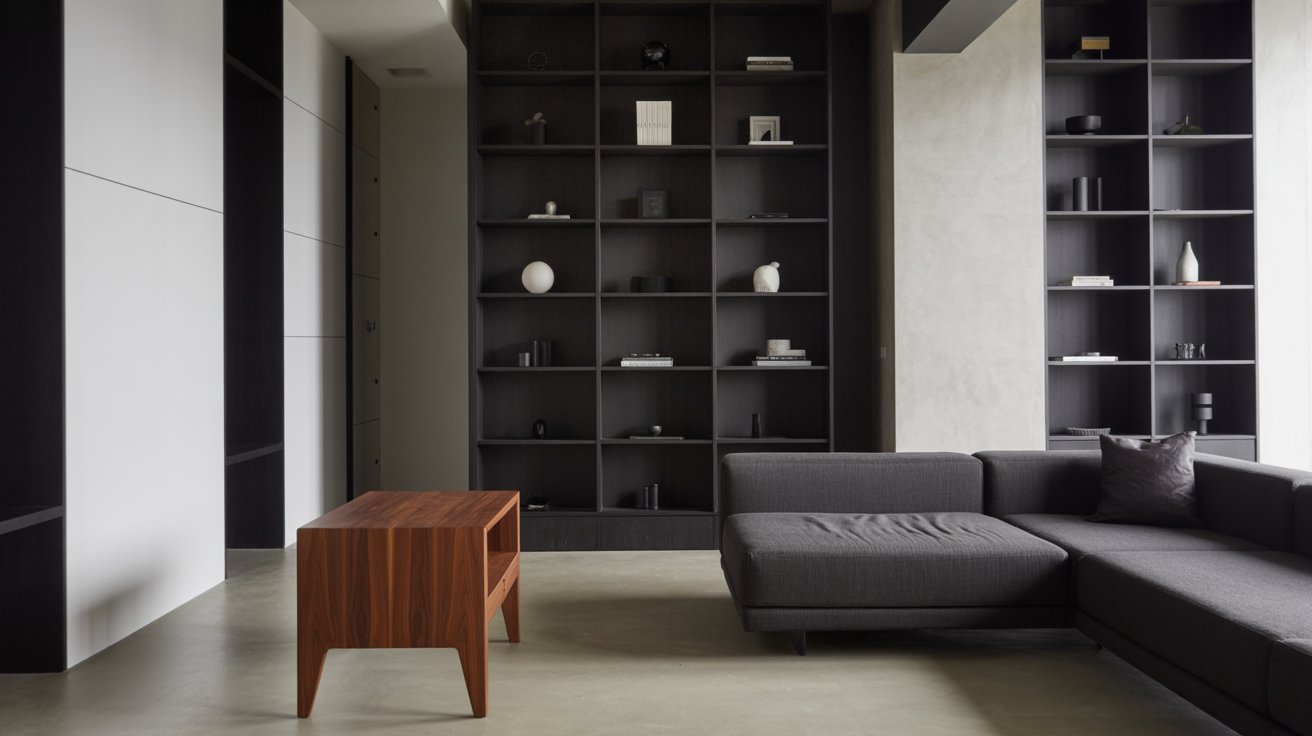 Small living room with black bookshelf, sleek modern design, clean lines, stylish compact interior