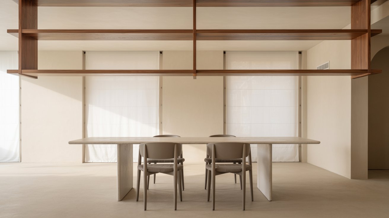 Minimalist dining room with floating shelves, clean lines, open space, and natural soft lighting