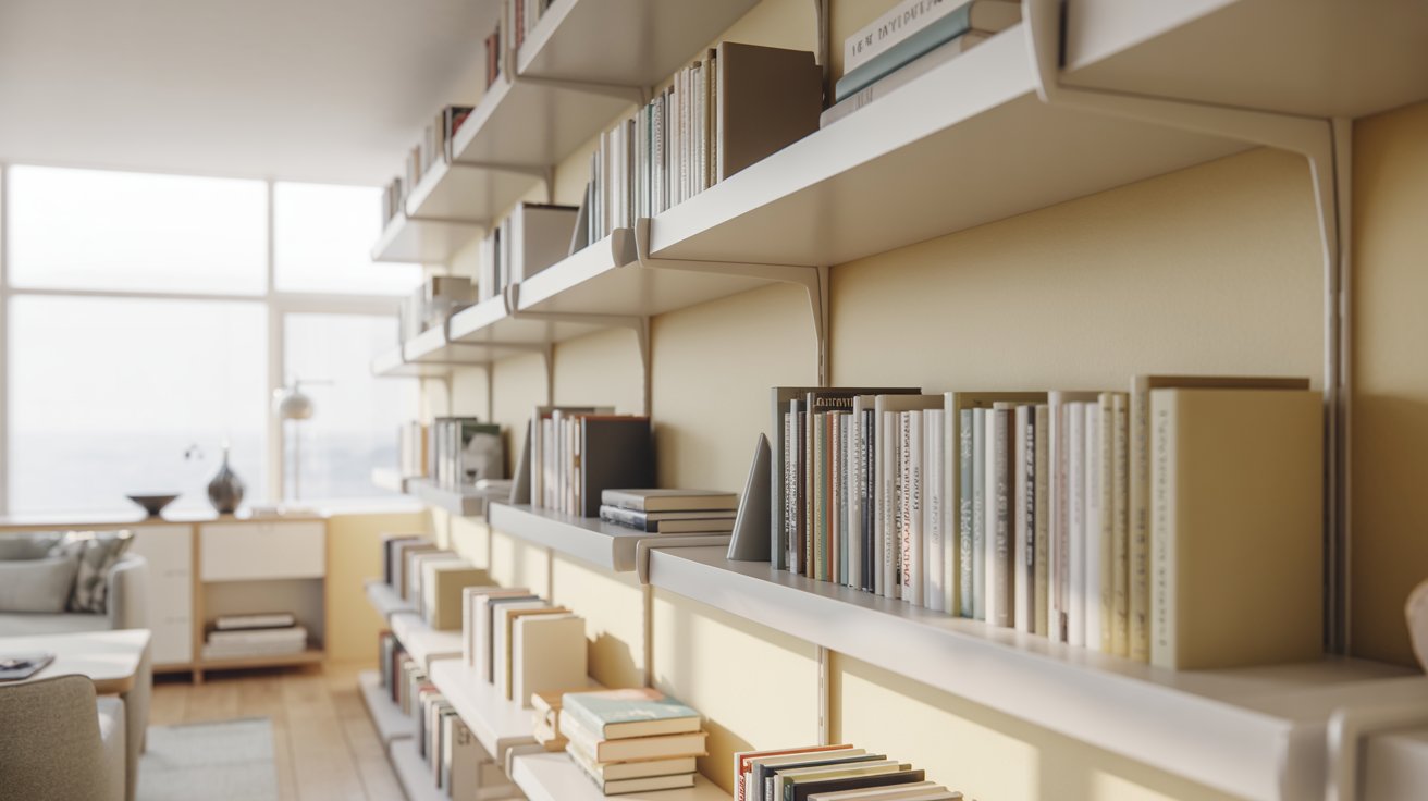 "Minimal white Scandinavian shelves neatly displaying books in a bright, clean, and airy home interior."