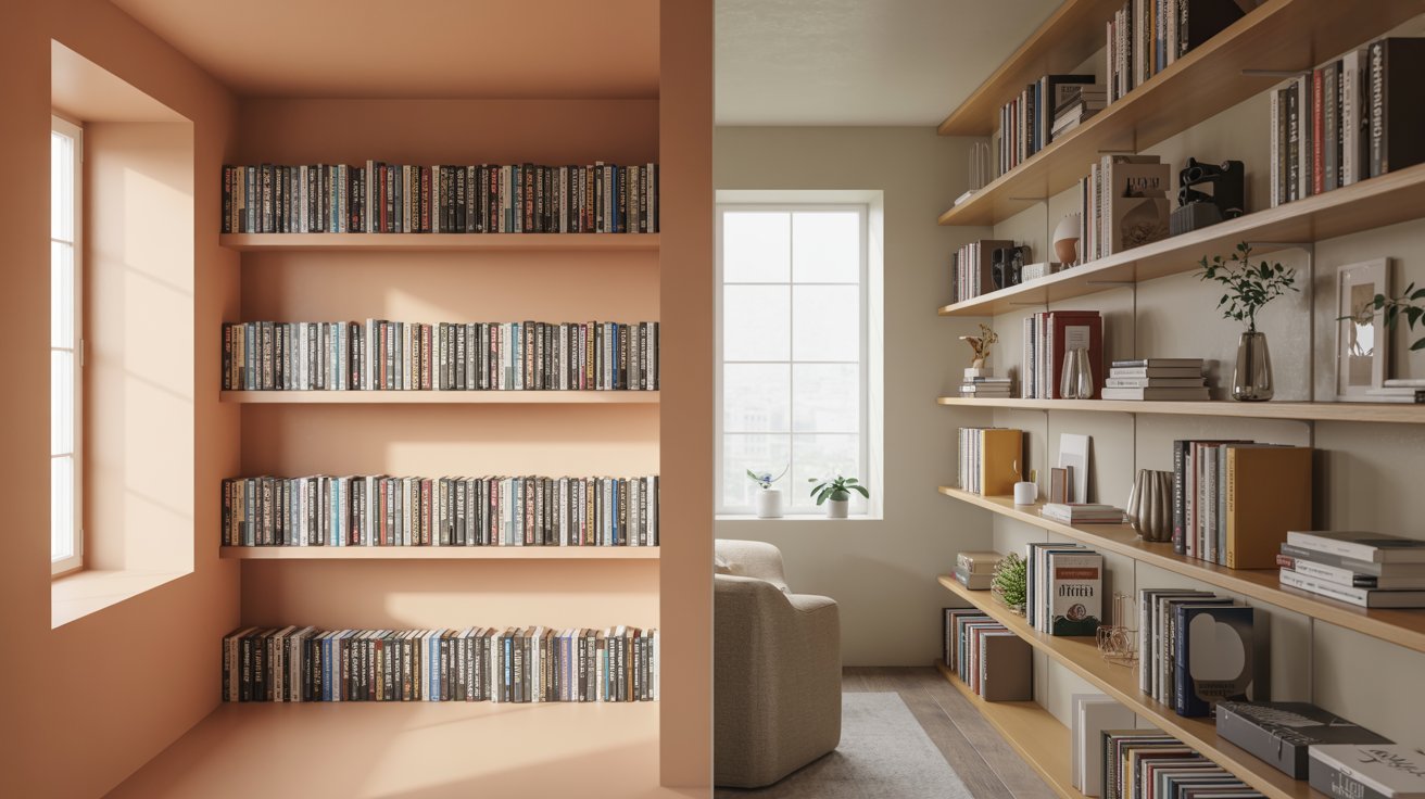 Split scene comparing narrow and deep bookshelves in small and spacious modern rooms with books and storage