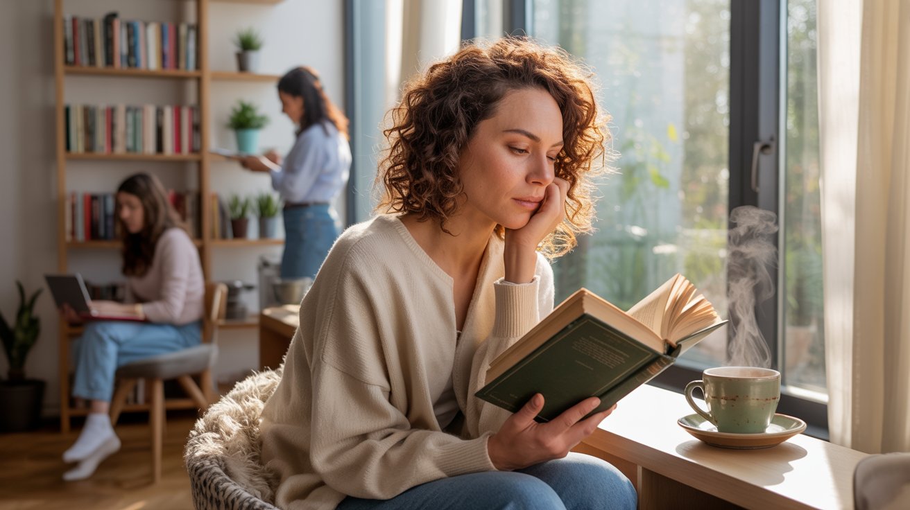 Woman reading thoughtfully in a cozy home with warm lighting and realistic everyday life atmosphere