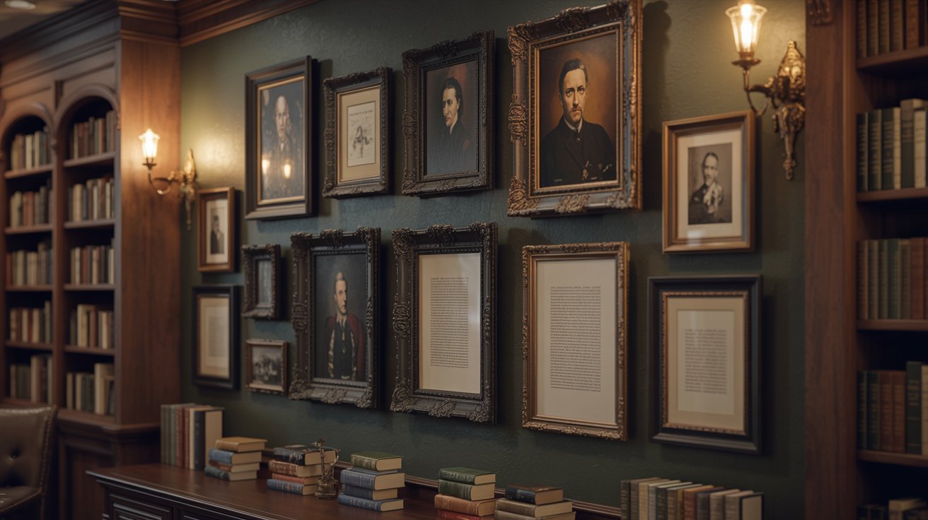 "Dark academia library wall with gothic framed art, portraits, and vintage decor"