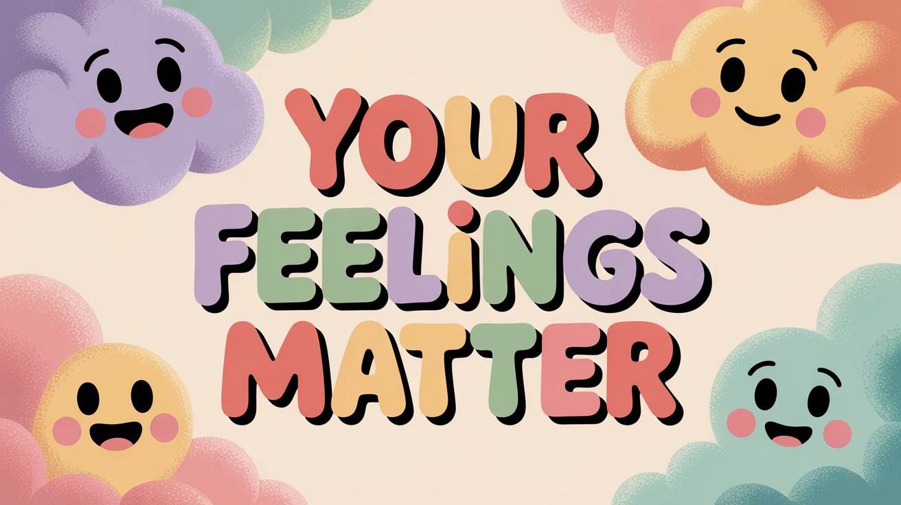 Colorful, chunky letters spell “YOUR FEELINGS MATTER” surrounded by smiling pastel clouds with happy faces.