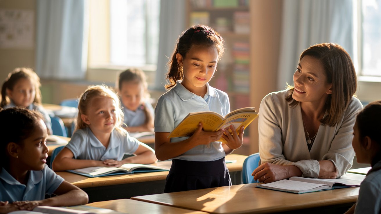 Teacher supporting struggling students reading aloud in a calm classroom environment.