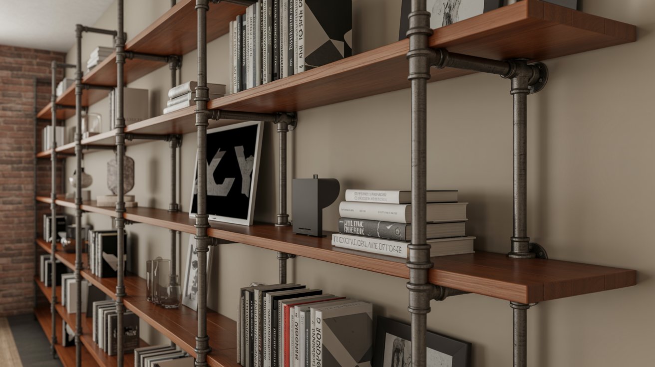 "Industrial pipe shelving unit with wooden planks and metal brackets holding books in a modern loft-style room."