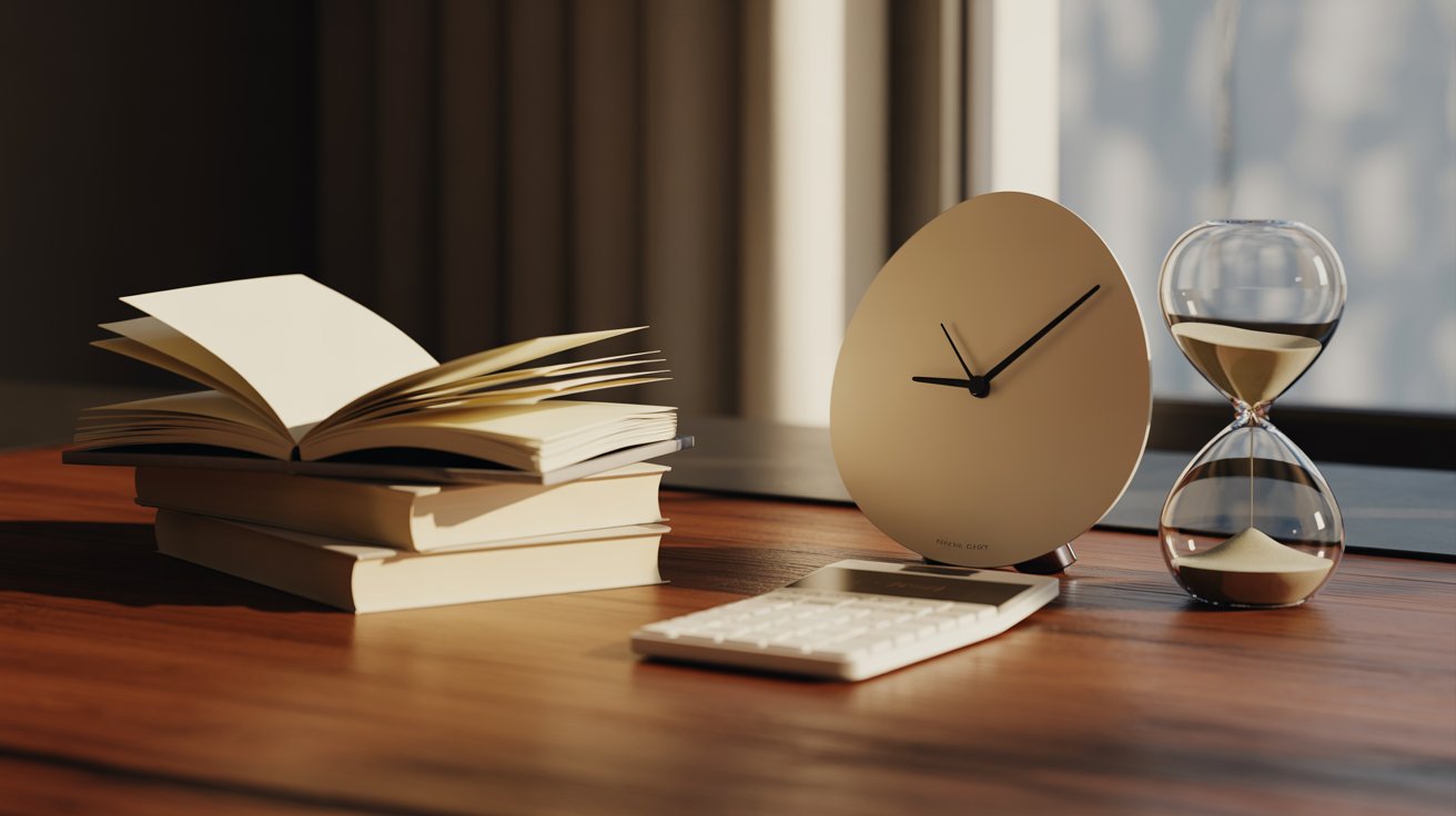 "Minimalist desk scene with books, blank open pages, abstract clock, hourglass and calculator symbolizing reading time, warm light, no humans or text"