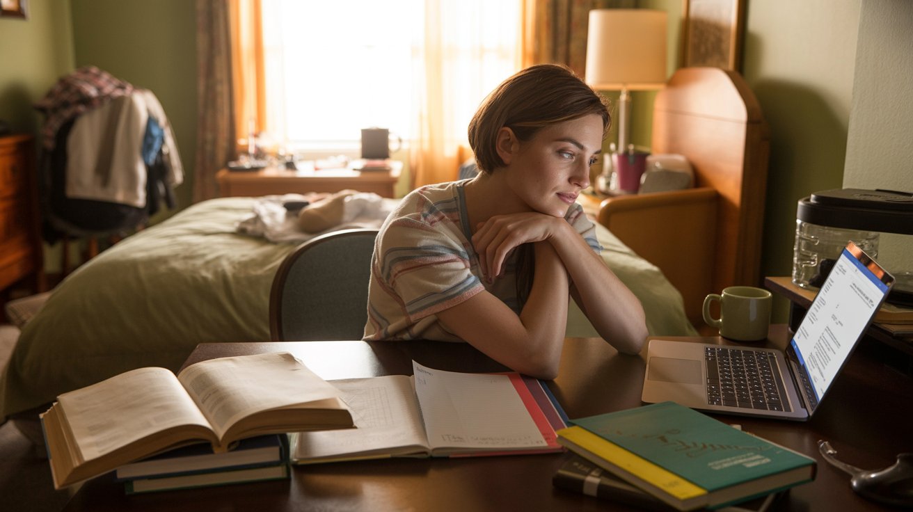 Student studying at home in a comfortable familiar space with books and desk setup.