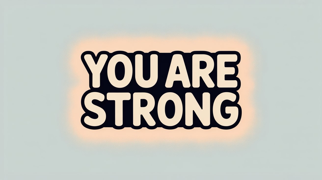 Cream block letters with a black outline spell “YOU ARE STRONG” on a pale blue background with a peach glow.