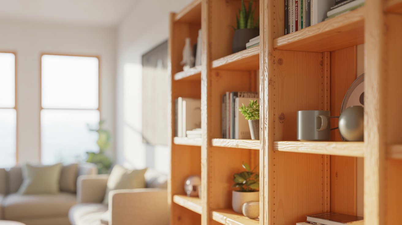Pine wood bookshelf in cozy room with light grain and simple budget friendly design