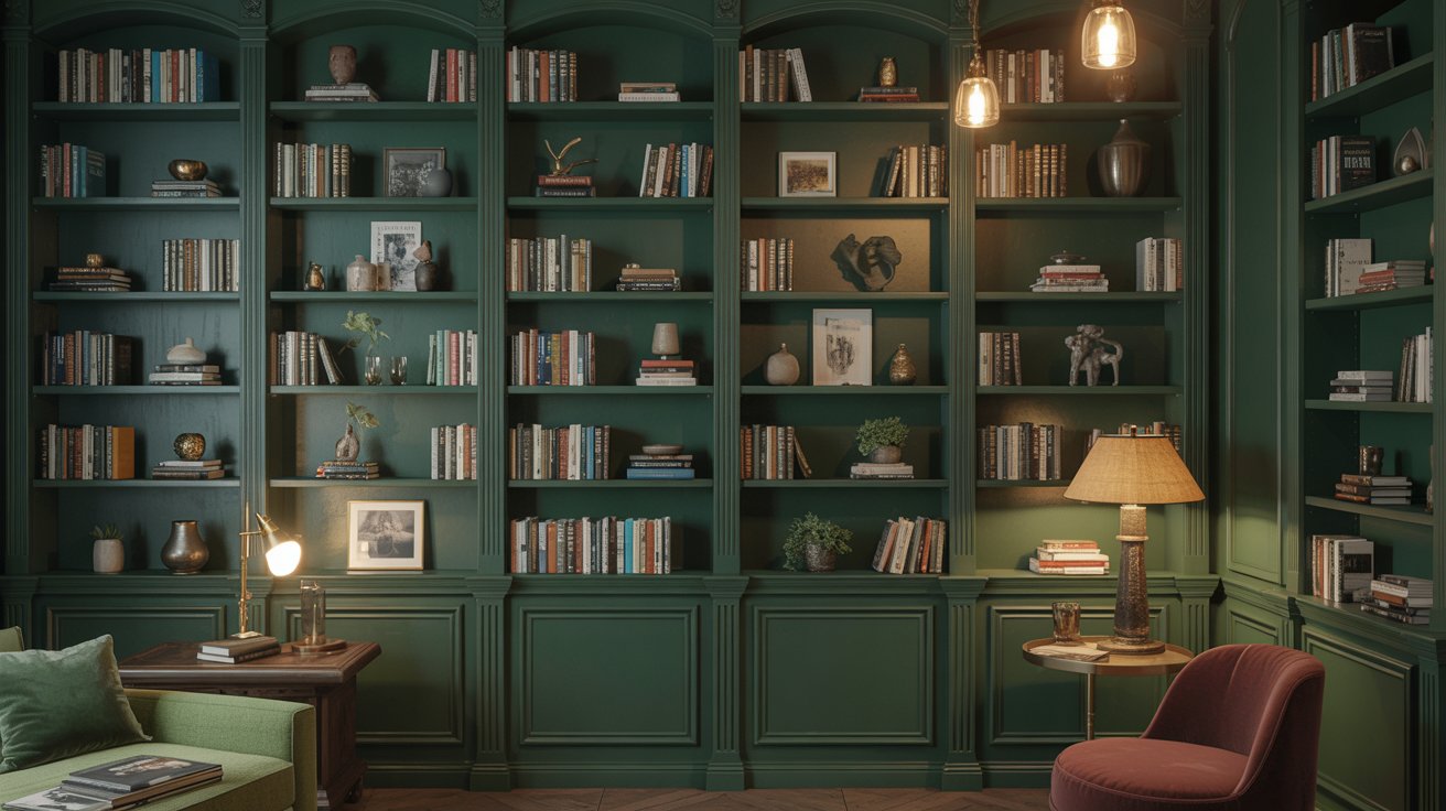 Books stacked decoratively in dark green home library creating a relaxed lived-in look.