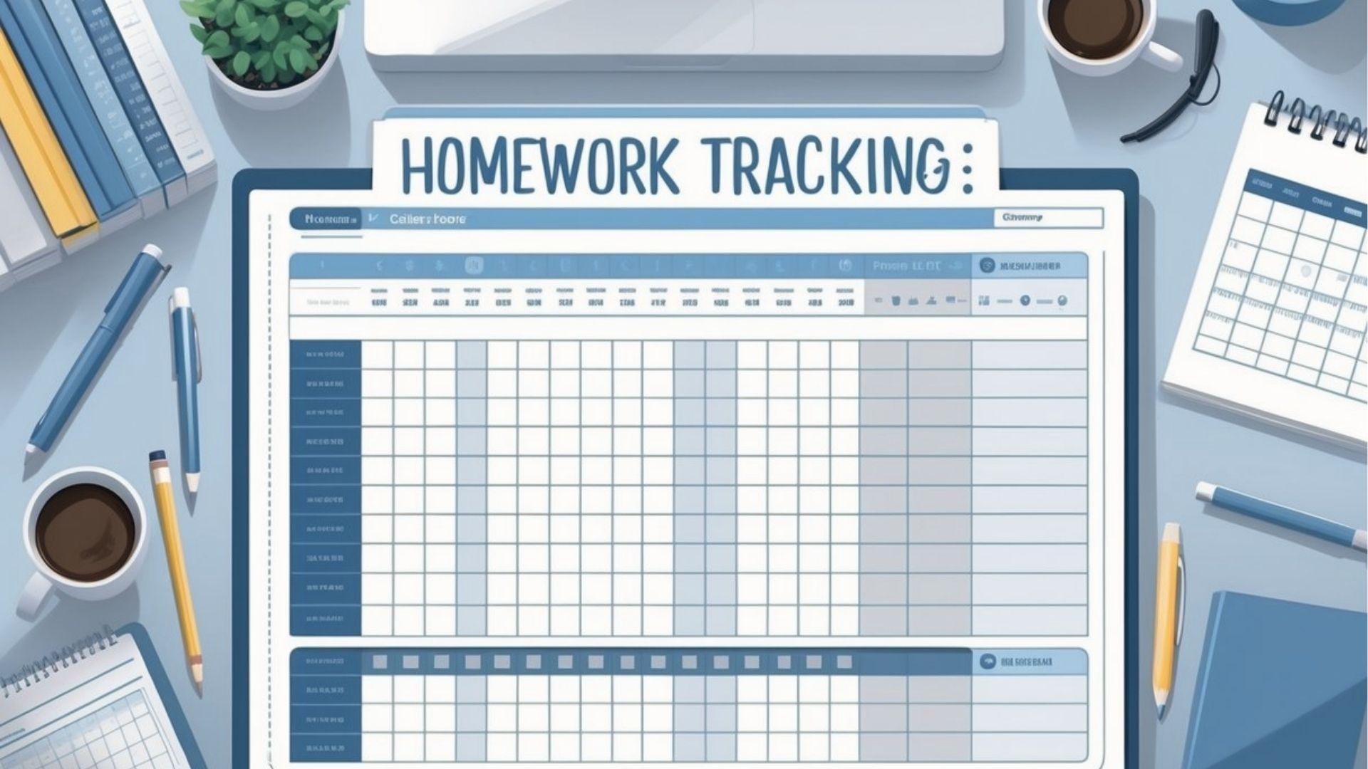 Digital homework tracker on desk with calendar, coffee, and pens to plan tasks and avoid delays.