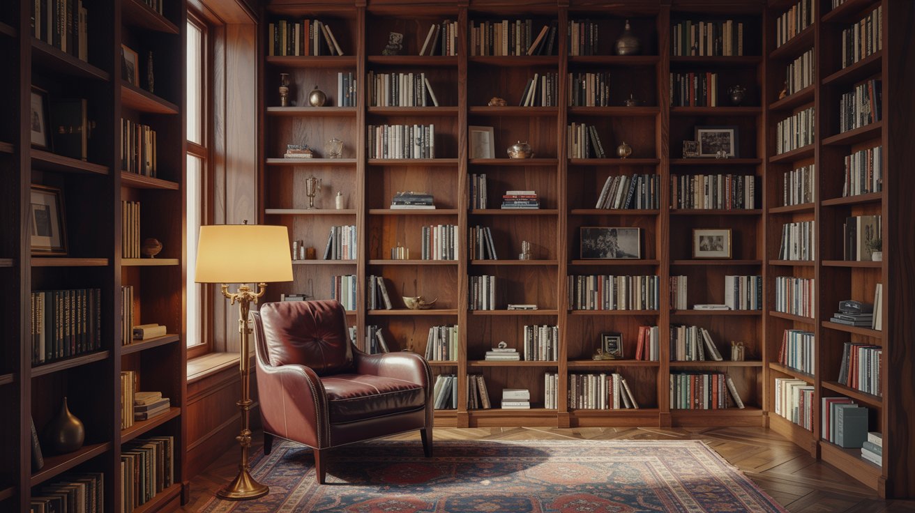 "Organized home library with curated bookshelves, cozy reading chair, warm lighting, and inviting modern interior design."