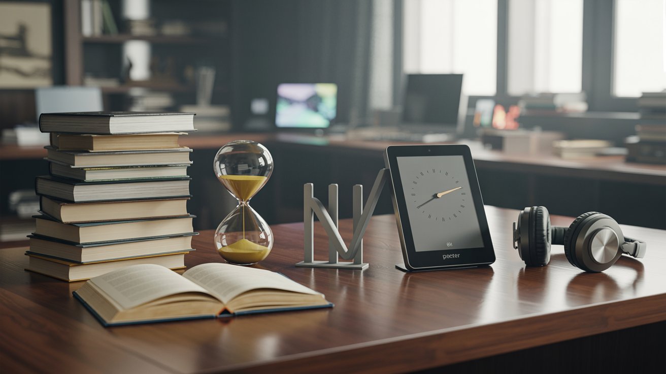 "Modern desk scene showing books, open blank pages, hourglass, speed dial, e-reader and headphones symbolizing factors affecting reading time, calm study environment, no text or humans"