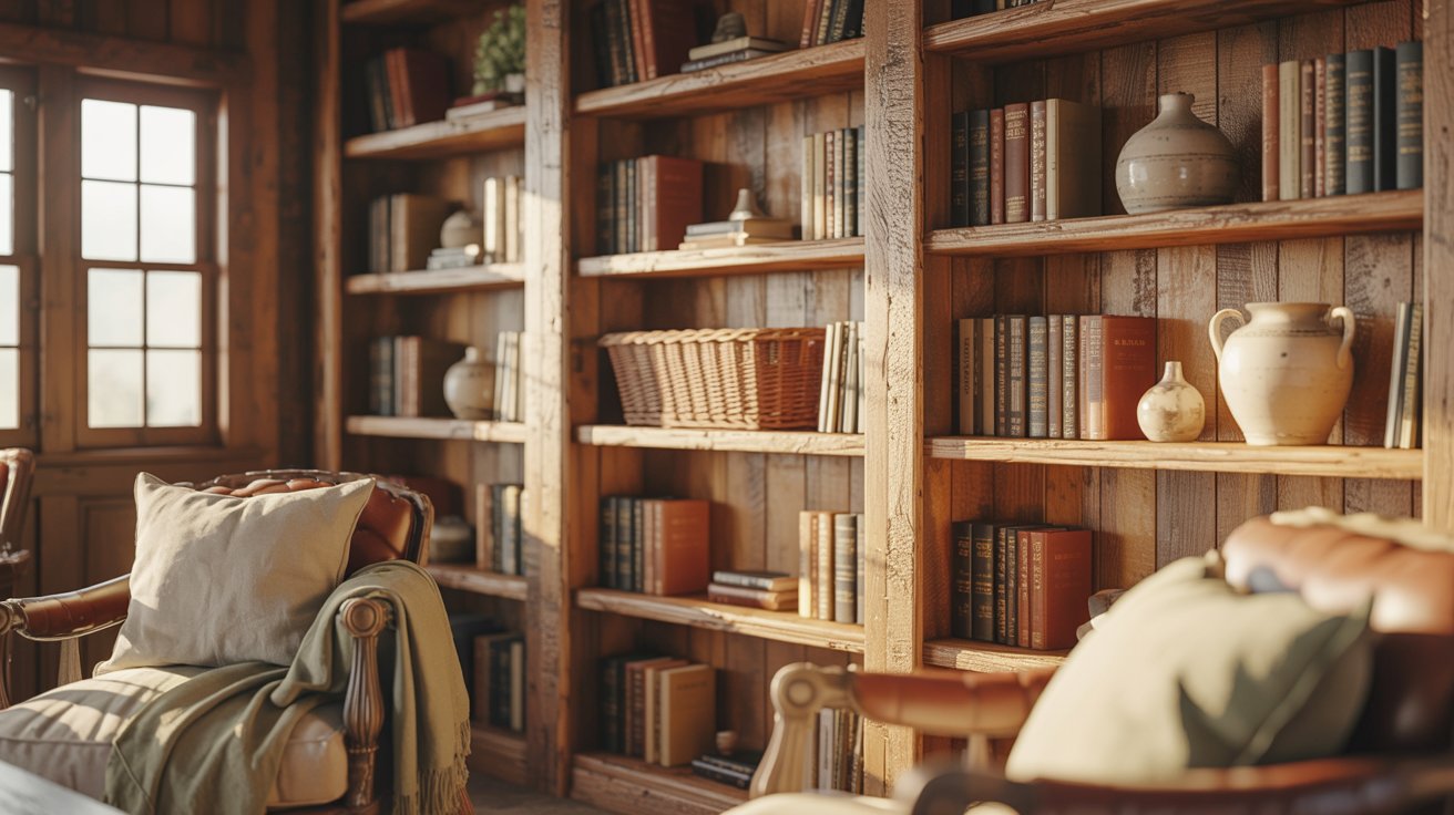 "Rustic farmhouse floor-to-ceiling built-in bookshelves with distressed wood, warm earthy decor, and cozy interior styling."