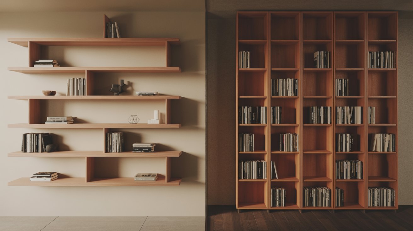 "Side-by-side comparison of open wall-mounted bookshelves and an enclosed freestanding bookcase in a modern interior showing structural differences"