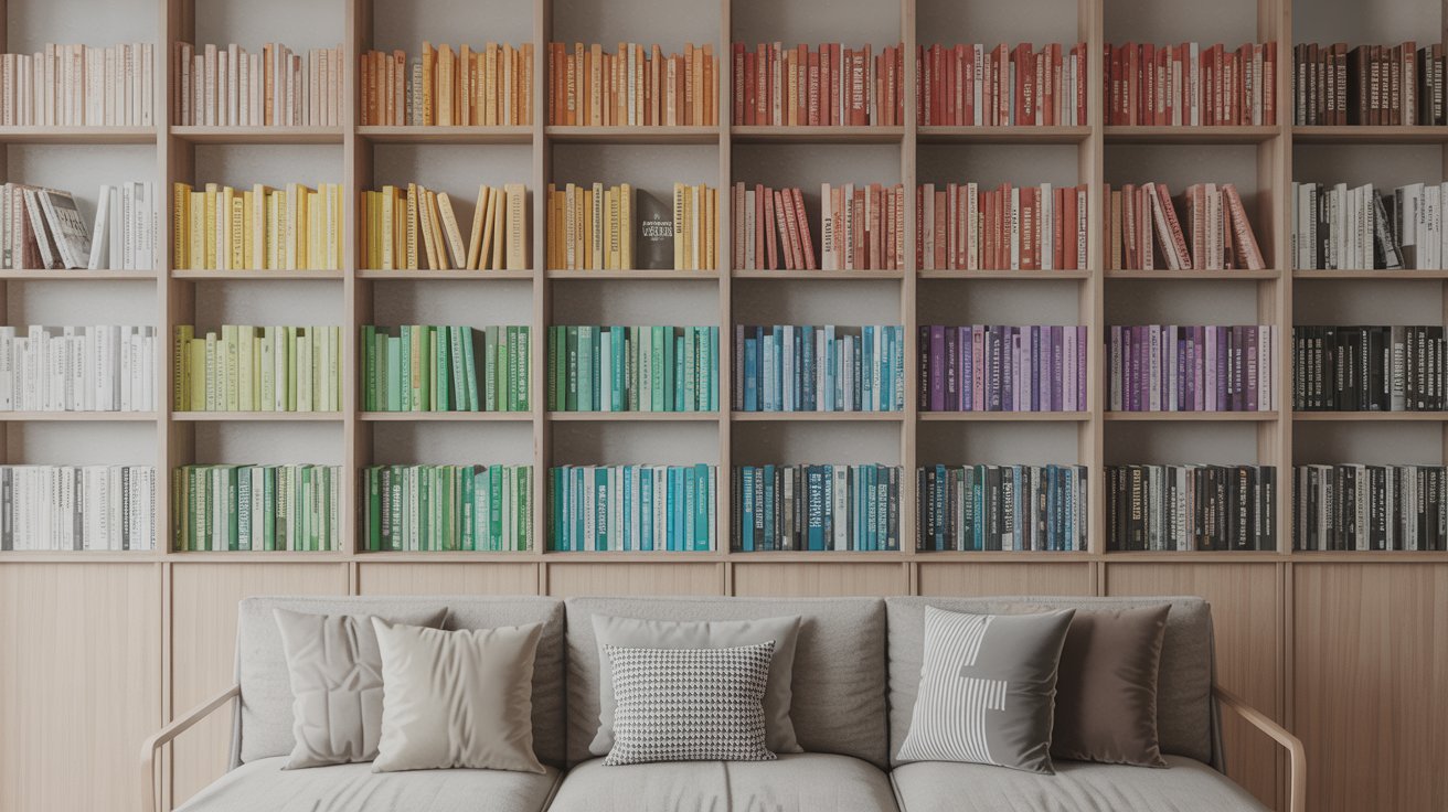 "Bookshelf organized by color-coded spines in a rainbow gradient, creating a visually striking small home library display."
