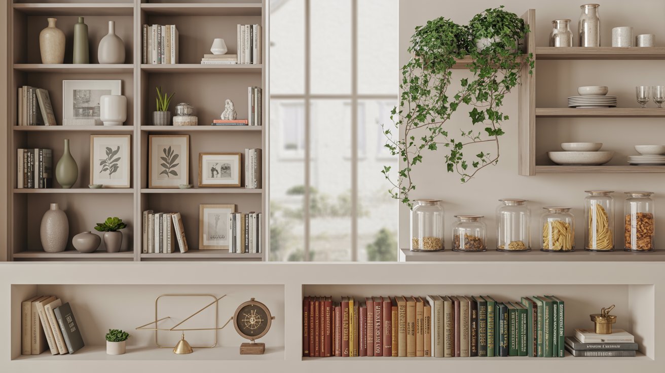 Different bookshelf styles including built in small kitchen and book focused shelves styled neatly.