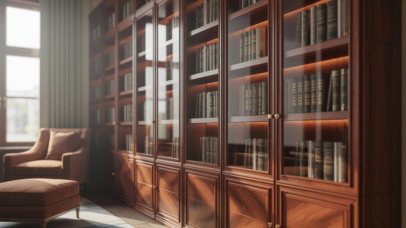 "Floor-to-ceiling glass door built-in bookshelves in a refined living room with elegant organized home library styling."