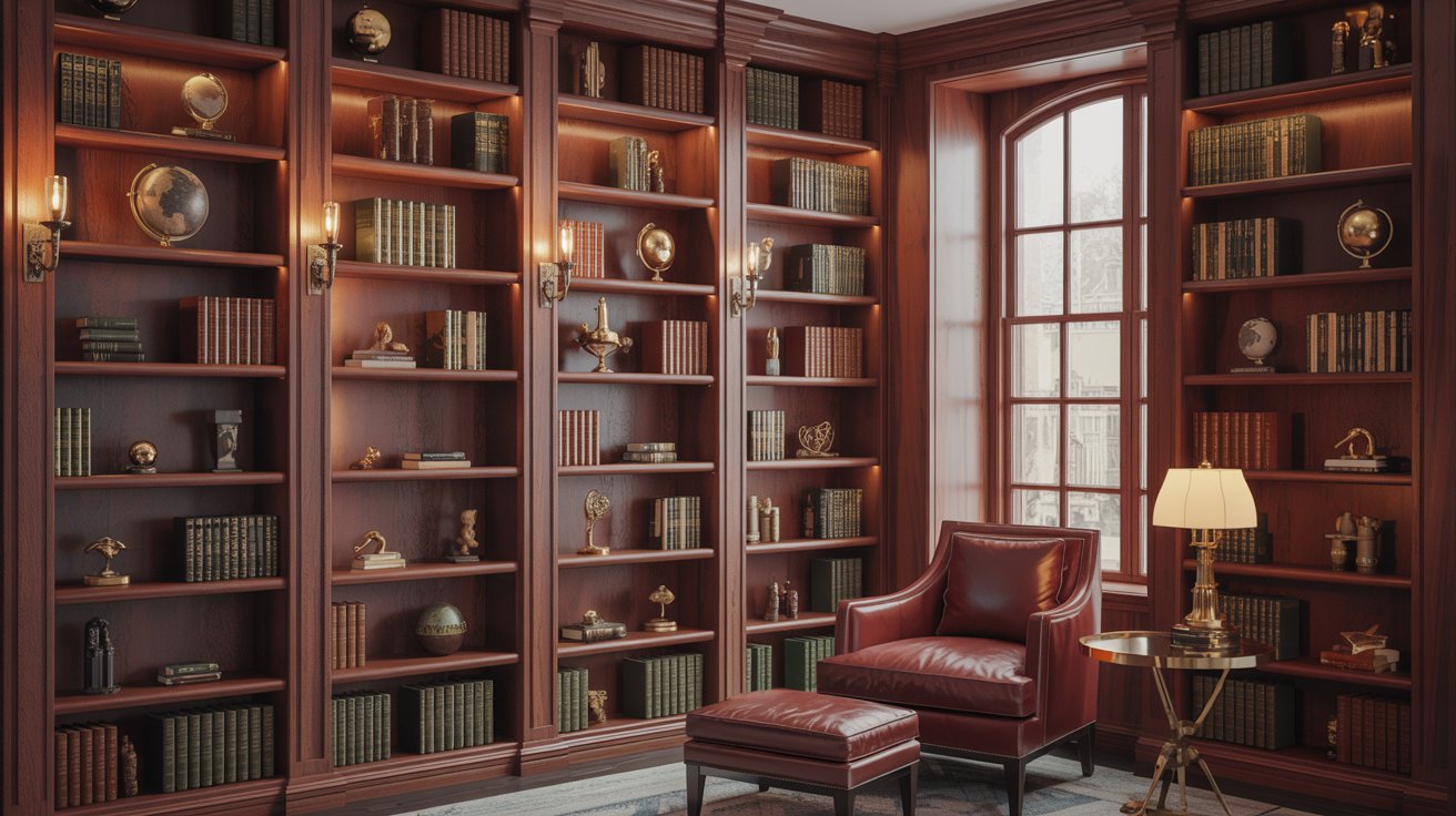 Built in wall bookshelf in luxury home library with books cozy seating warm lighting