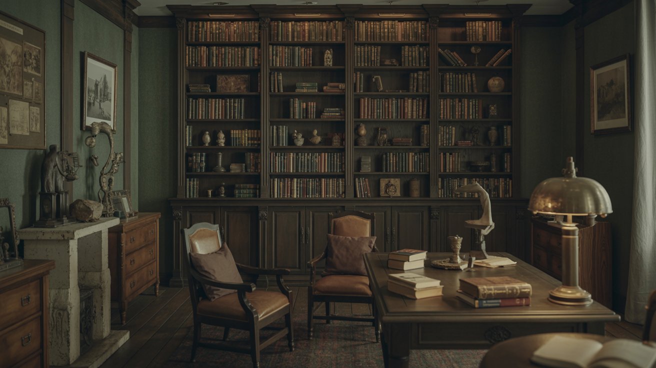 "Dark academia library interior with bookshelves, vintage furniture, and warm moody lighting"