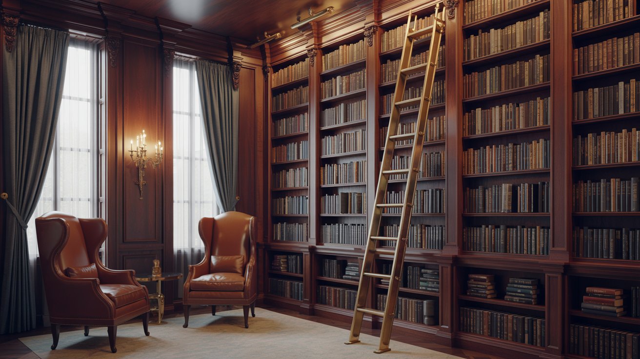"Elegant library wall with floor-to-ceiling bookshelves and a sliding ladder rail system in a grand home interior."