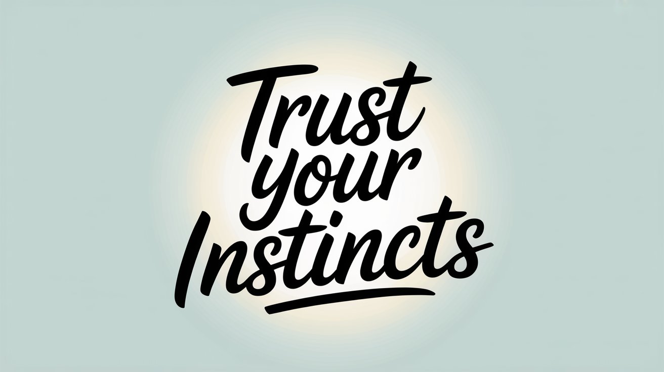 Perfect black script reading "Trust your Instincts" on a soft mint background with a glowing center.