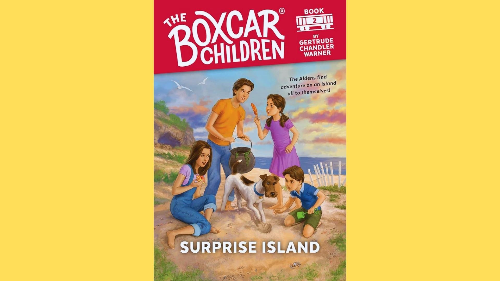 The Boxcar Children Surprise Island cover with four siblings and dog finding the beach at sunset.