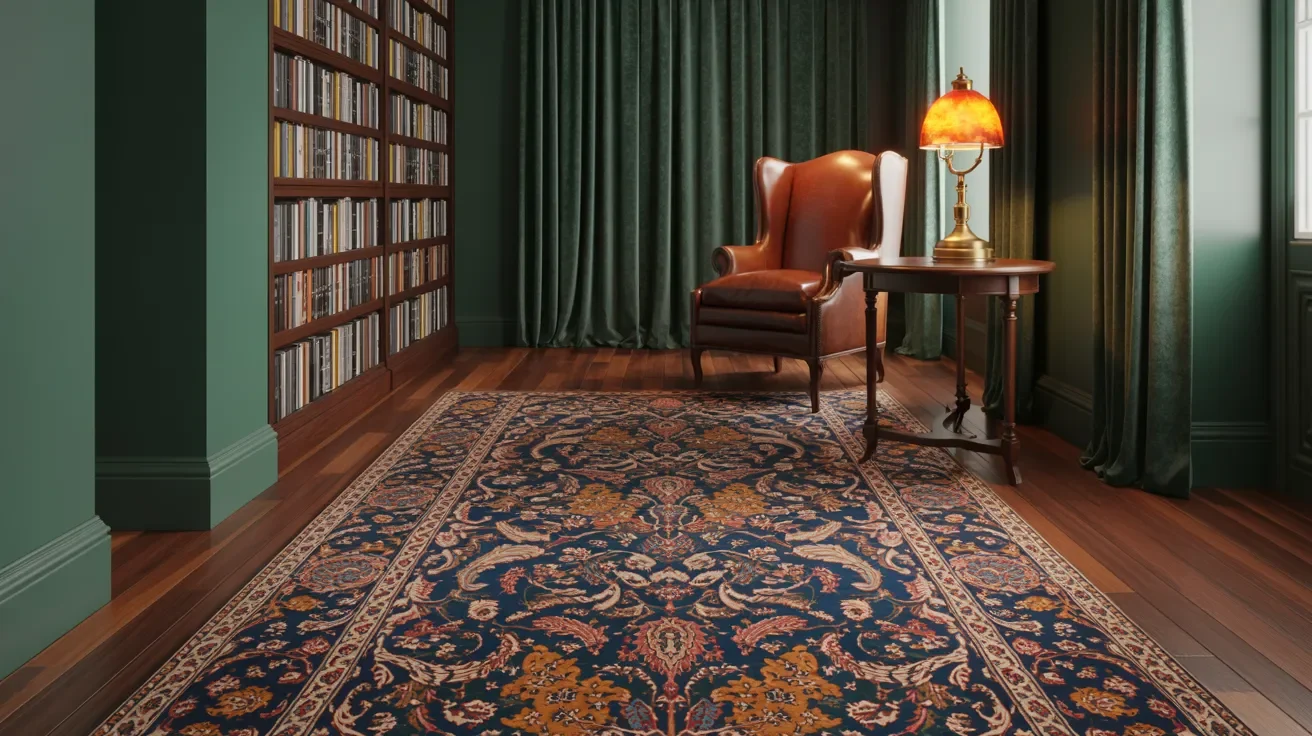 Persian rug on wooden floor in dark green home library with warm cozy lighting.
