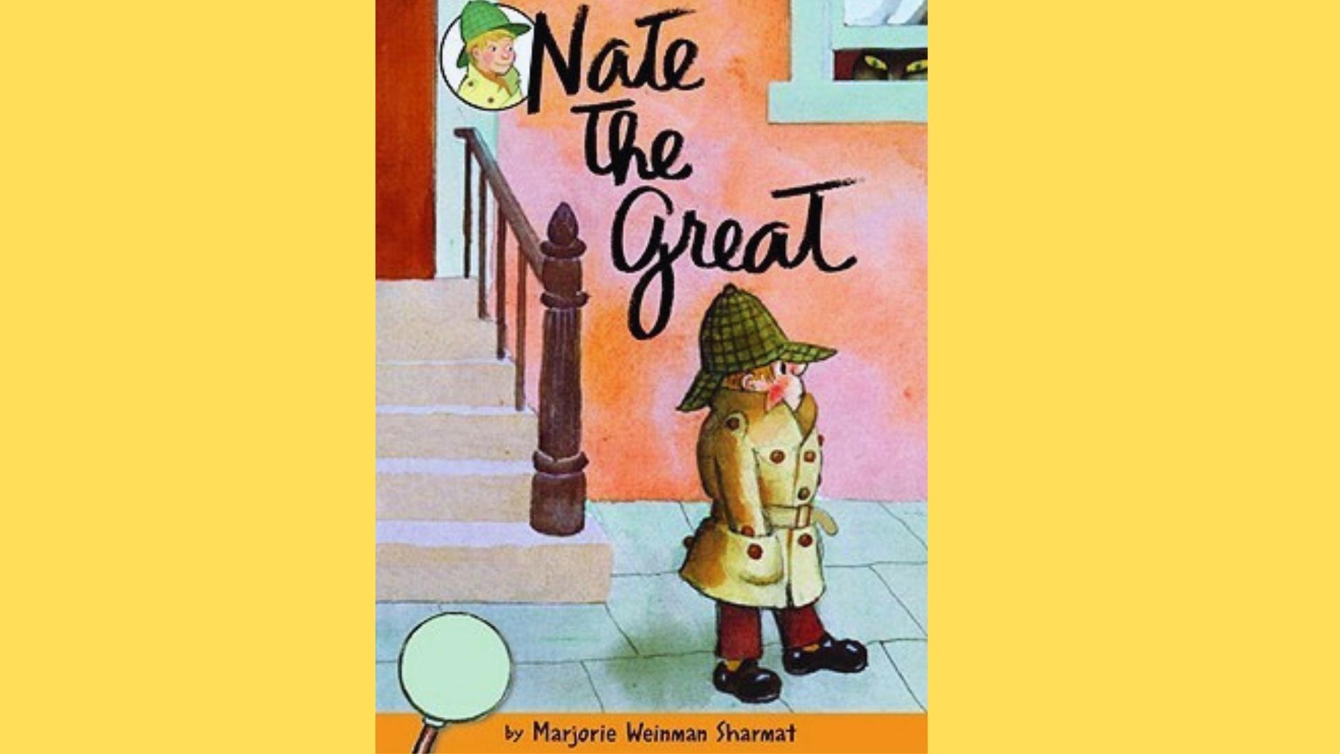 Nate the Great cover with boy detective in tan trench coat and hat outside pink house.