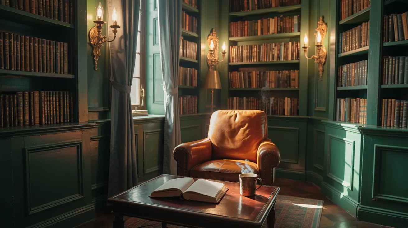Dark green home library with warm lighting, wooden shelves, leather chair, and cozy reading atmosphere.