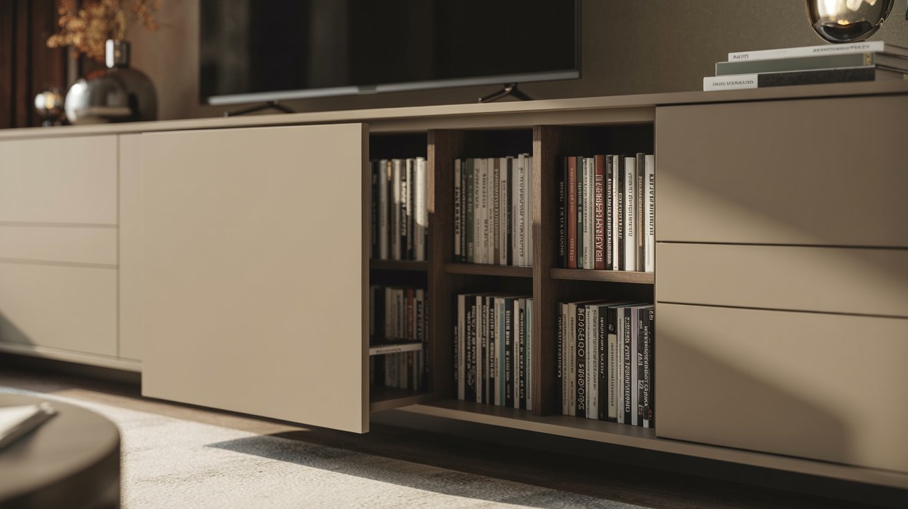 "Hidden pull-out bookshelf cabinet revealing neatly stored books inside a modern living room with clean design."