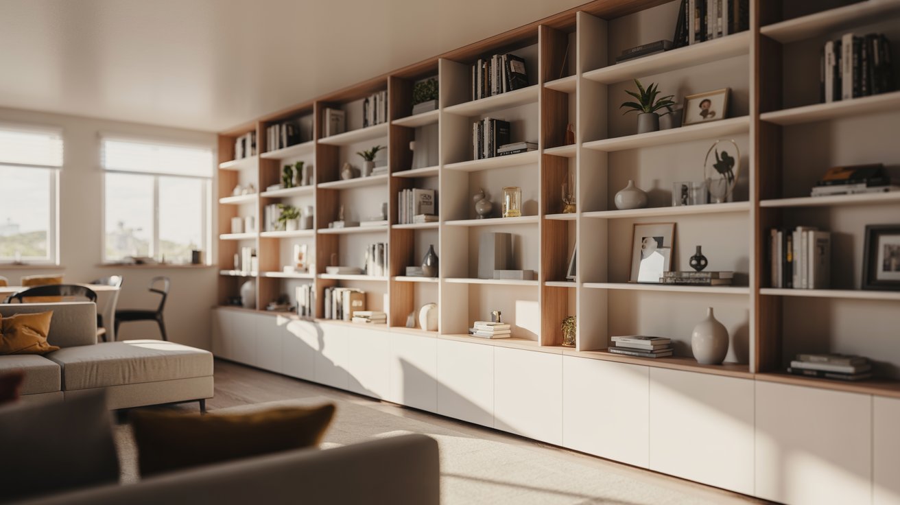 "DIY modular floor-to-ceiling bookshelves creating a budget-friendly built-in look in a modern living room."