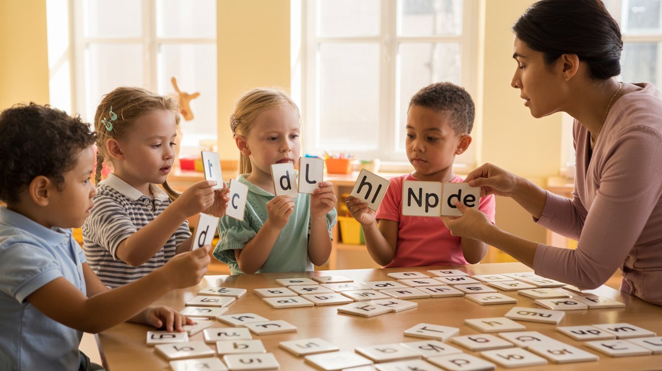 Sound-to-Letter Mapping activity showing students matching spoken sounds to written letters in the classroom.