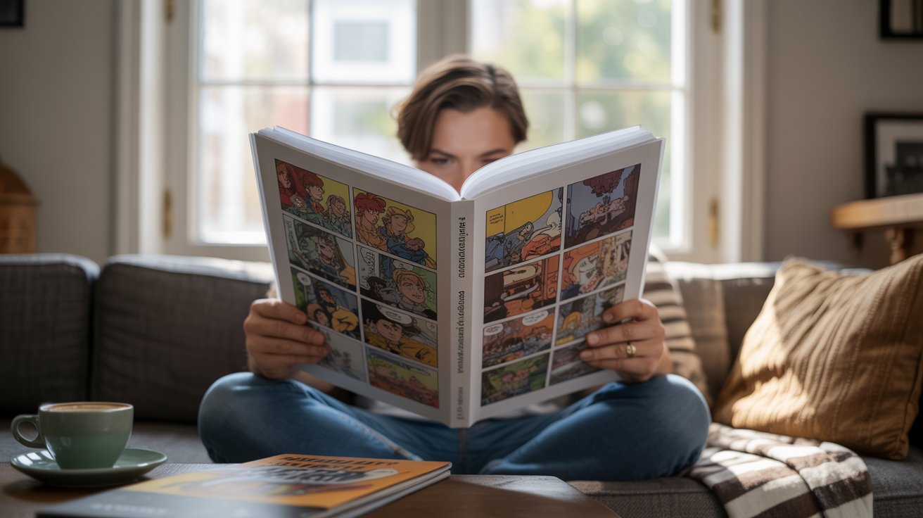 Person reading an illustrated graphic novel on a sofa in a cozy living room with natural light, realistic reading scene