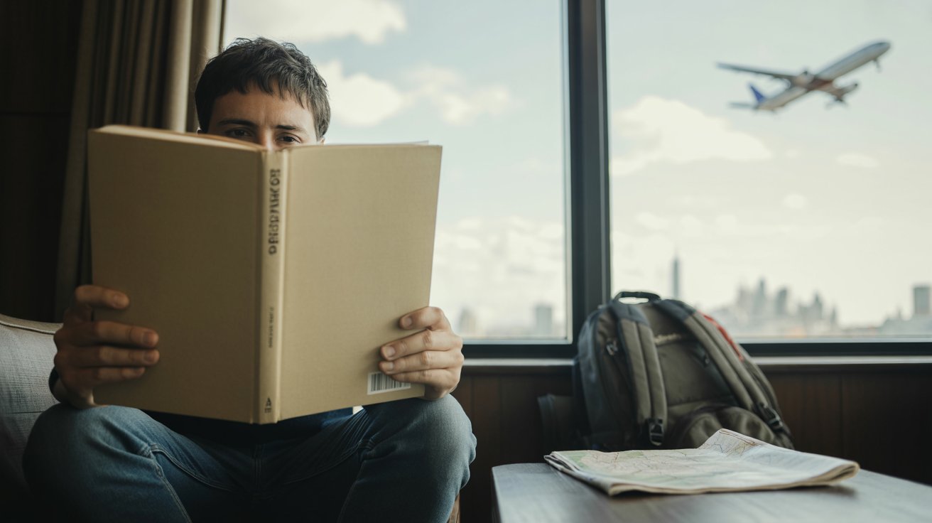 Person reading a travel book by a window with a backpack and map nearby, realistic inspirational travel scene