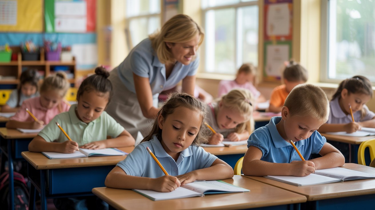 Students writing in notebooks independently while the teacher provides support in the classroom.