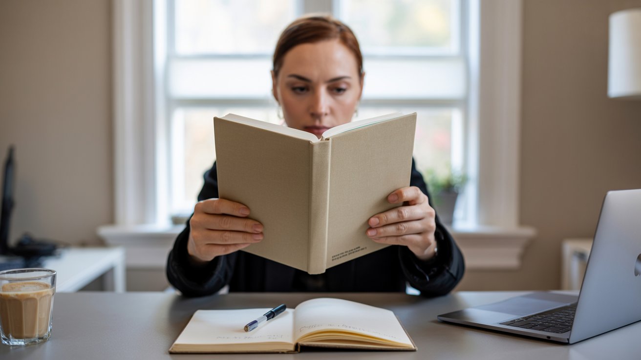 Person reading a self-help book at a tidy desk with notebook and calm focused mood, realistic productivity scene