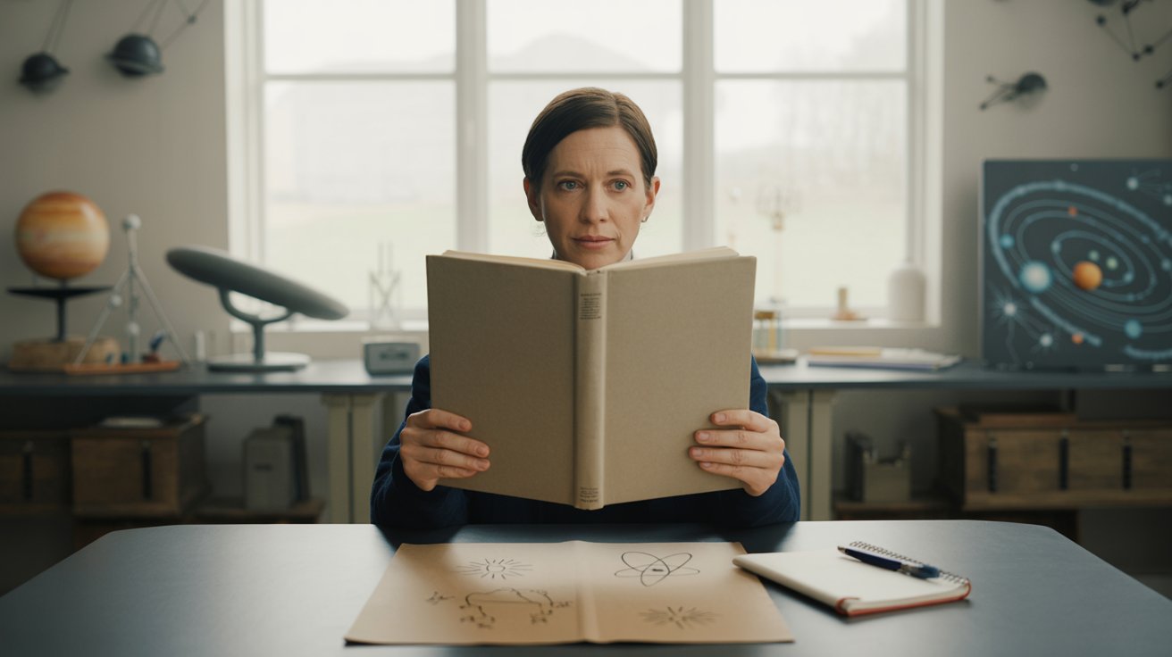 Person reading a science book at a desk with subtle astronomy and science elements, realistic learning scene