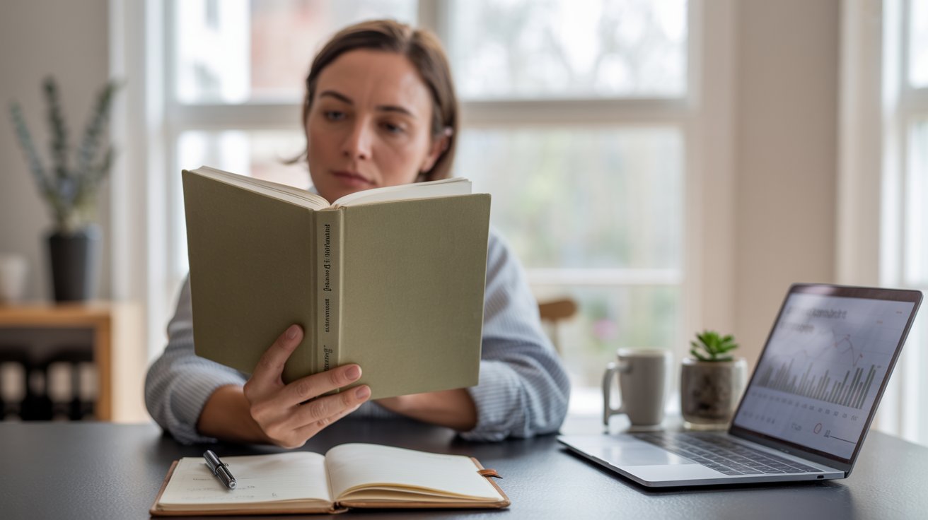 Person studying a finance book at a desk with budgeting notes and laptop, realistic money management scene