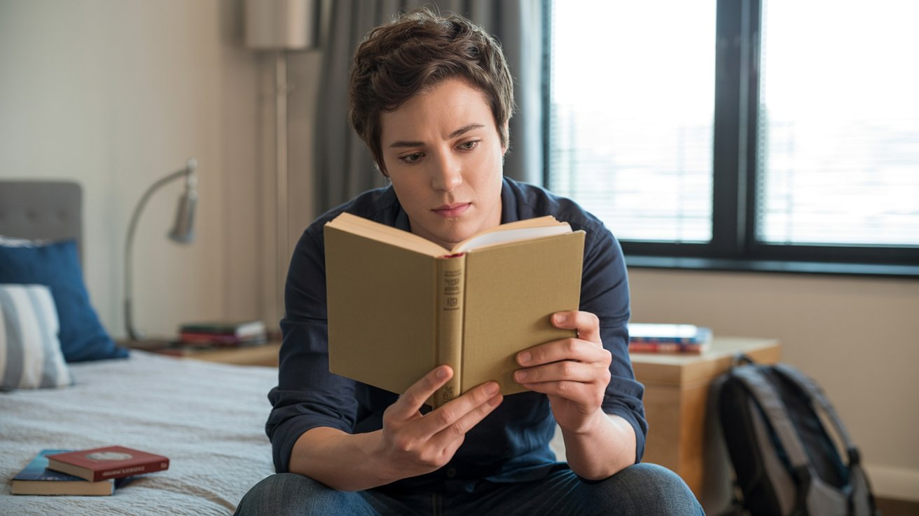 Young adult reading a book on a bed in a cozy bedroom with soft natural light, realistic emotional scene