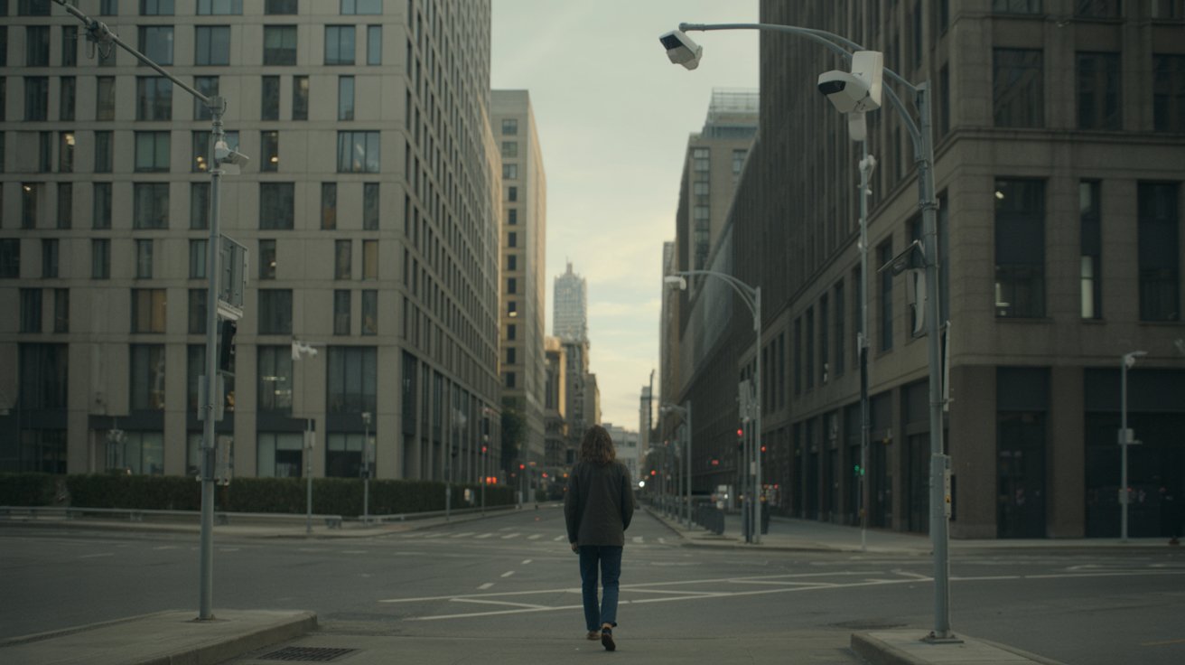 Person walking alone on a city street at dusk with surveillance cameras and a tense urban atmosphere, realistic dystopian mood