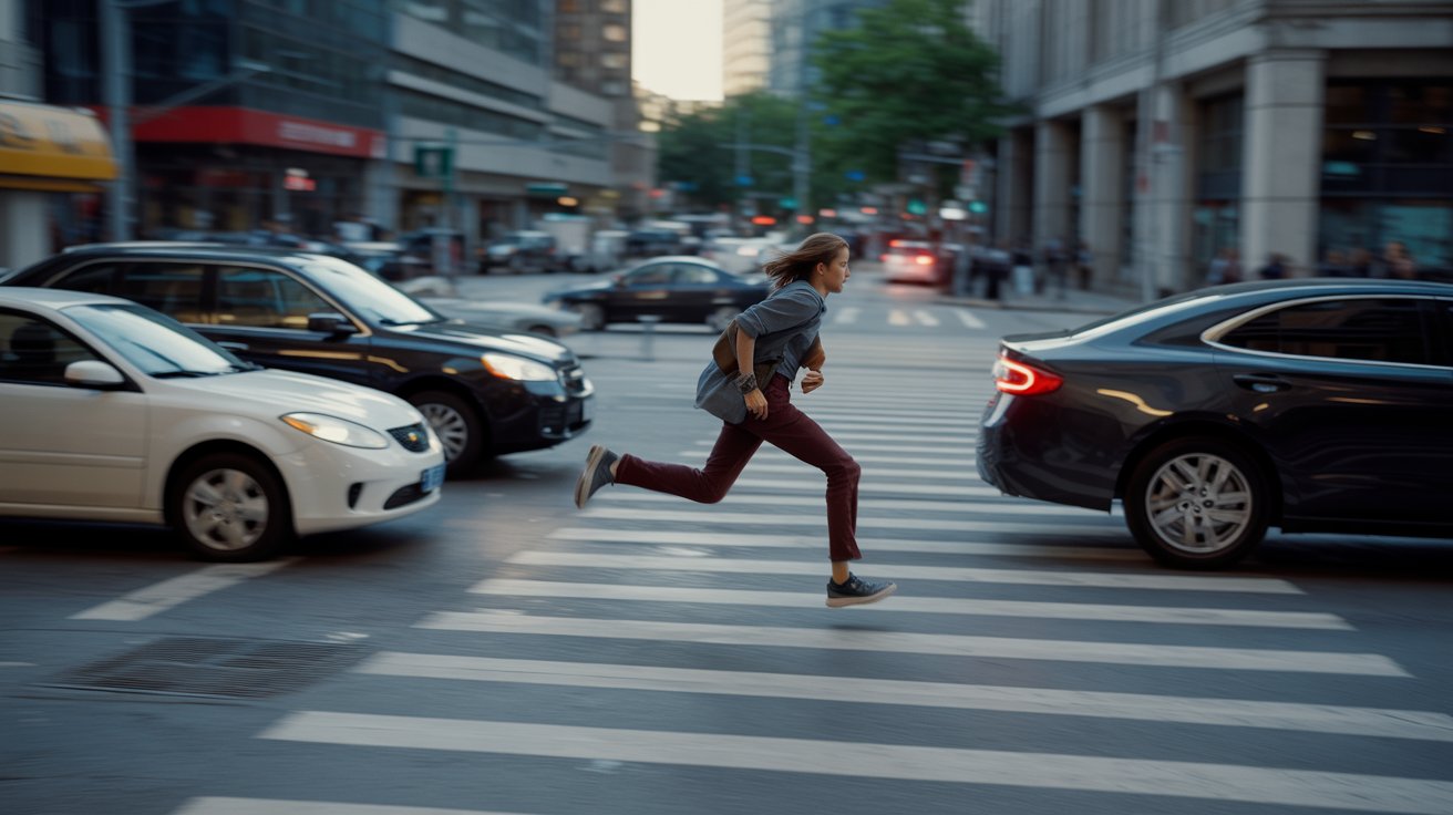 Person running across a city street with motion blur suggesting a fast-paced chase, realistic action scene in an urban setting